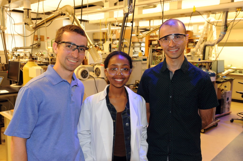 Eldana and her mentors, Georgetown University PhD student, Michael Dolan (left) and Dr. Kaveh Jorabchi (right). (ACS Project SEED/Peter Cutts Photography)