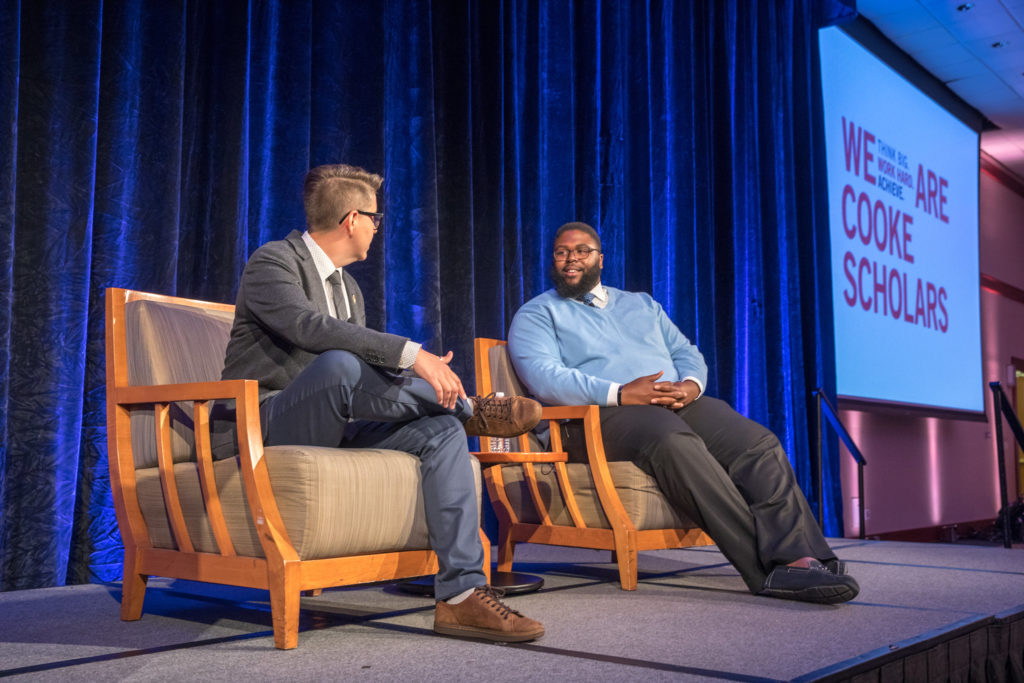 Cooke Scholar Melissa Osborne speaks with Anthony Abraham Jack at Scholars Weekend 2019.