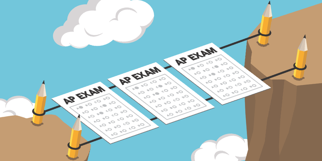 A bridge made up AP exam pages spans across two sides of a cliff and is held up by pencils.